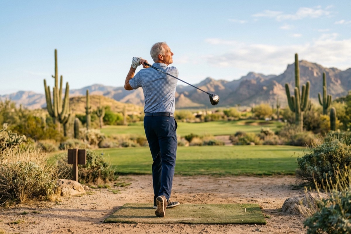 A golfer in his 60s finishing a full swing on a desert golf course